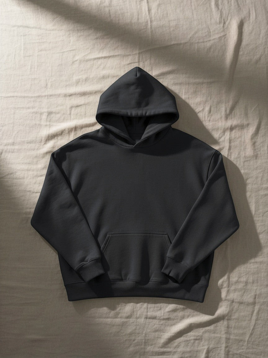 SEOULFIT Essential Oversized Hoodie in light beige, made from heavyweight brushed fleece with dropped shoulders and a front pocket.