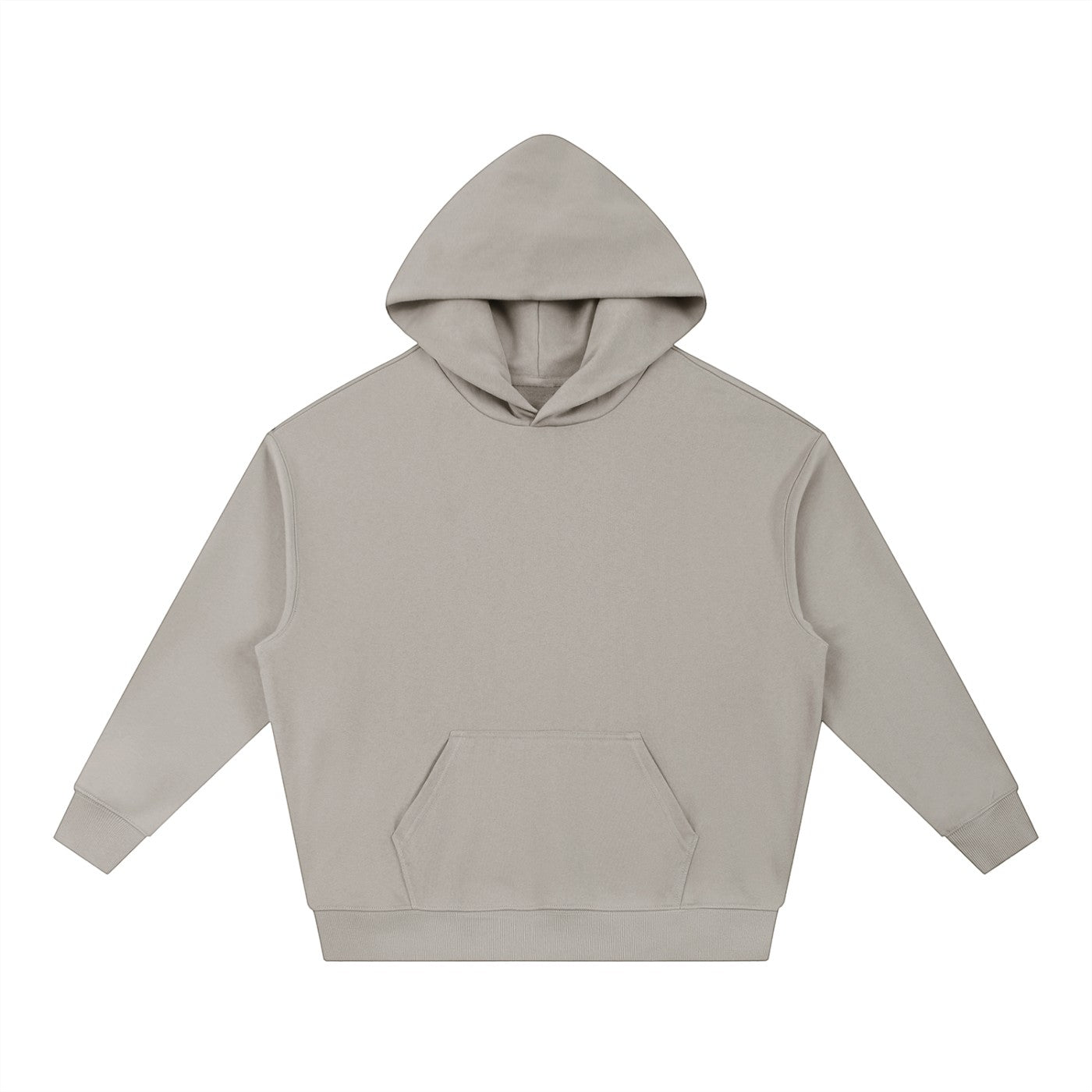SEOULFIT Essential Oversized Hoodie in light grey, made from heavyweight brushed fleece with dropped shoulders and a front pouch pocket.